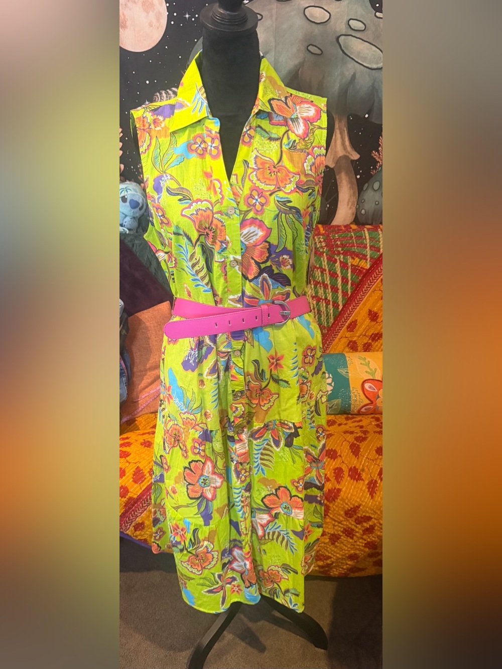 Mlle Gabrielle Neon Lime Floral Sleeveless Midi Dress with Pink Belt